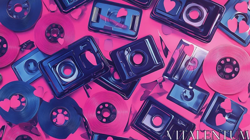 Magnetic tape reels and cassette shells arranged under pink light