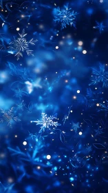Glowing blue snowflakes drift through a dreamy winter night