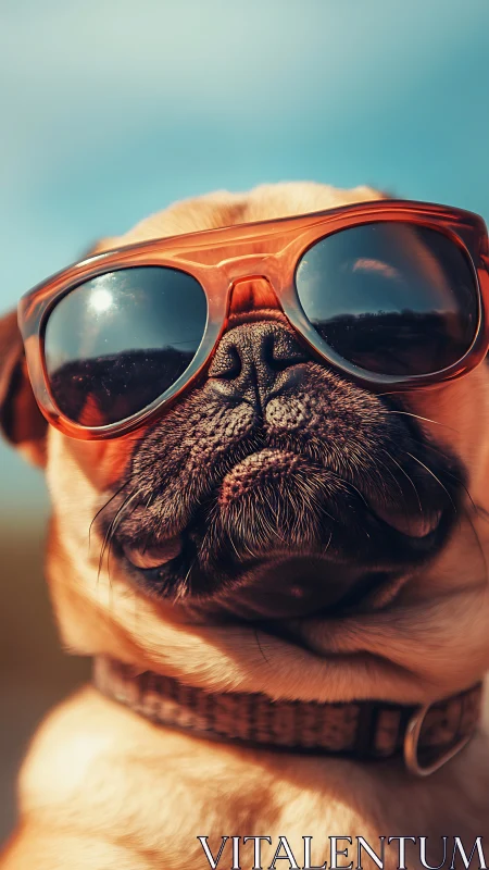 Pug wearing oversized sunglasses under bright clear sky