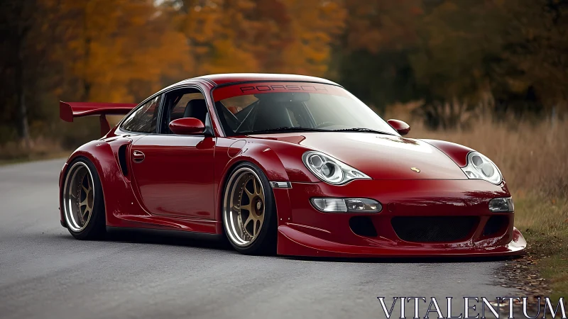 Crimson sports car gliding through a quiet autumn roadway.