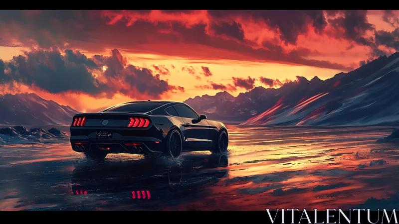 Sport coupe on reflective road under vivid sunset sky.