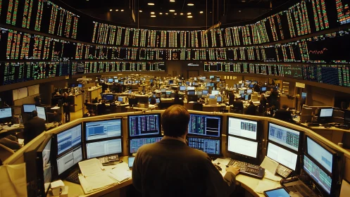High-density trading floor with multi-screen market data arrays