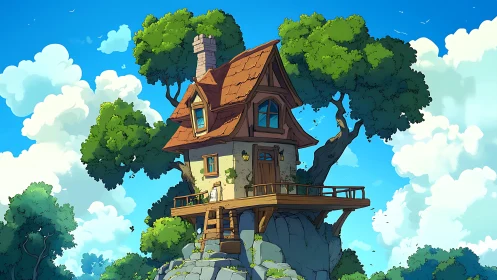 Cliffside cottage with stylized trees under vibrant blue sky.
