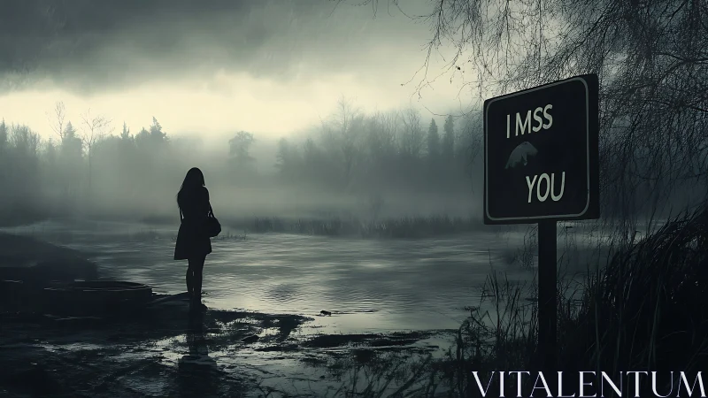 Solitary figure by misty river under I Miss You sign.