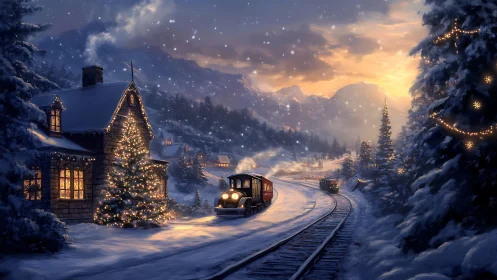 Digital painting of snowy Christmas village with steam train at dusk.