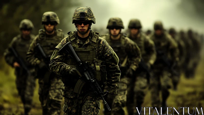 Frontline soldiers advancing through misty woodland terrain.