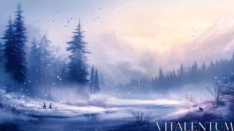 Snowy pine forest embraces hikers under pastel dawn sky.