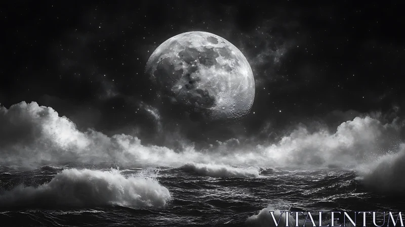Tidal moonrise over storm-tossed cosmic midnight sea.