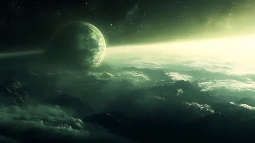 Emerald exoplanet rising above misty alien mountain sea.