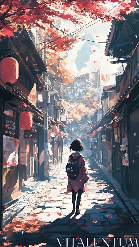 Girl walking old street under red autumn leaves at dusk.