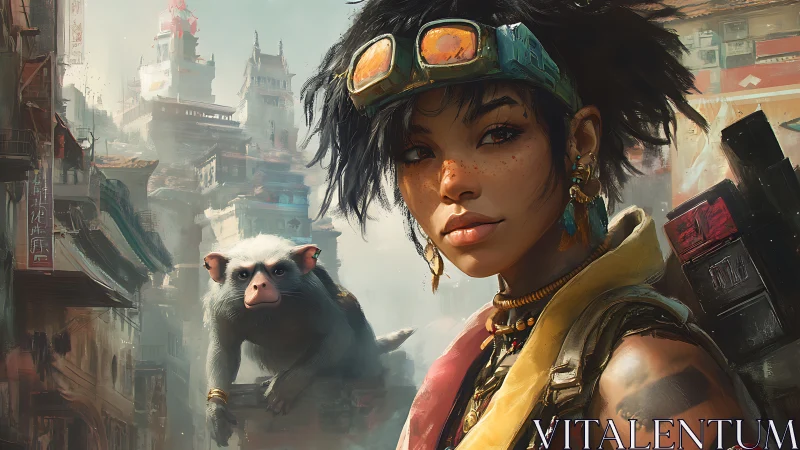 Rogue sky-scout strides through neon rooftops with simian ally