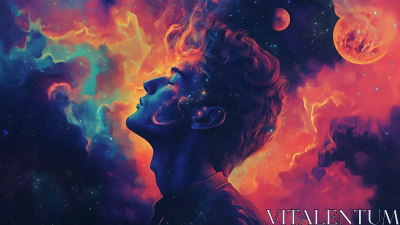 Cosmic portrait merges human profile with swirling nebulae.