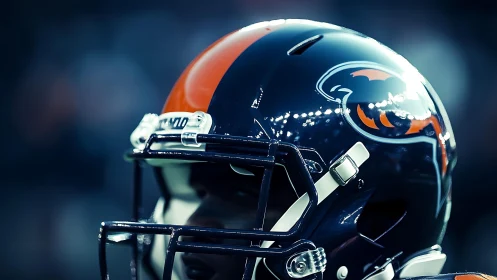 Close-up football helmet glows under dramatic stadium lights.