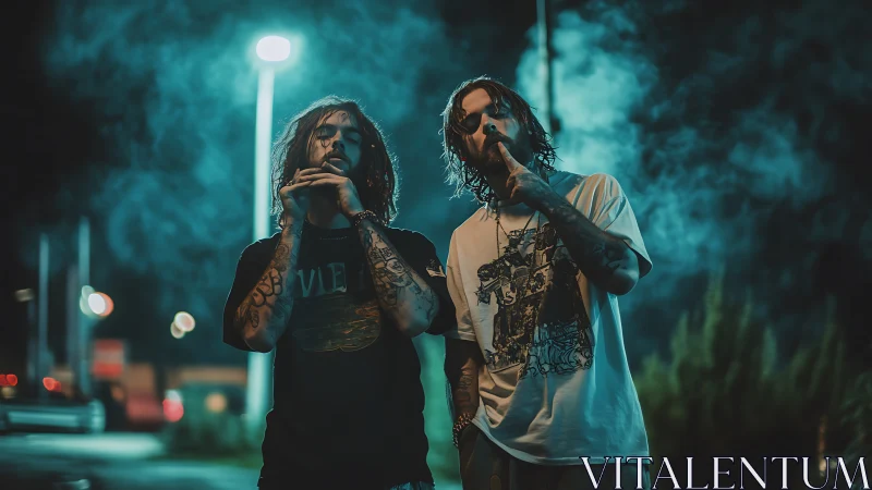 Nighttime portrait captures two tattooed men in moody neon haze