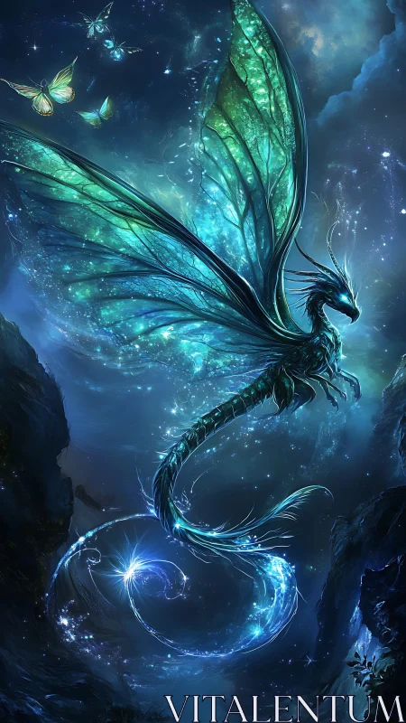Glowing winged dragon spirals through a luminous night sky