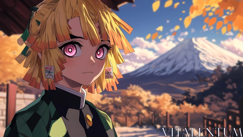 Anime character before autumn landscape with distant peak.