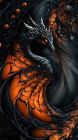 Dark metallic dragon with glowing orange scales coils tightly.