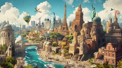 Dreamlike world city where landmarks share one bright sky.