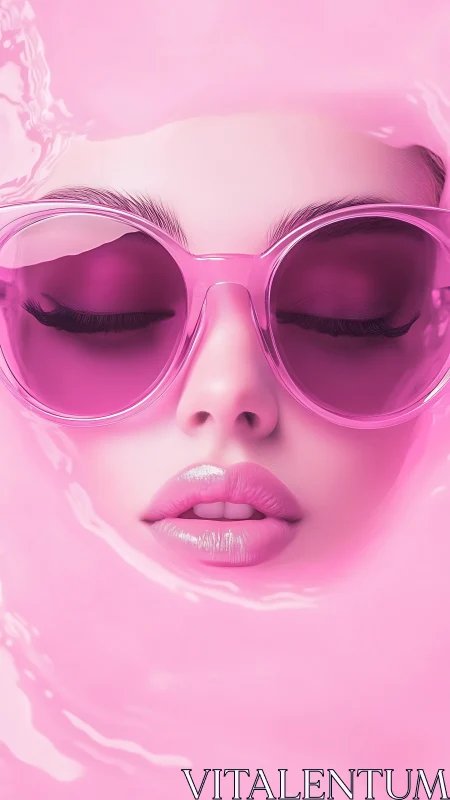 Pink gloss portrait submerges in neon liquid calm.