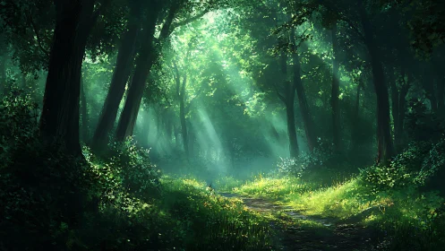 Enchanted Forest Path: Luminous Cathedral of Ancient Trees.