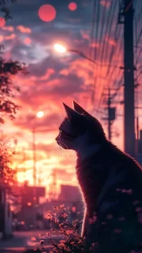 Silhouetted Cat Observing Urban Sunset with Bokeh Lights