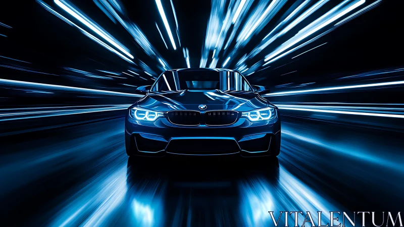 Sleek blue sports car racing through glowing city lights.