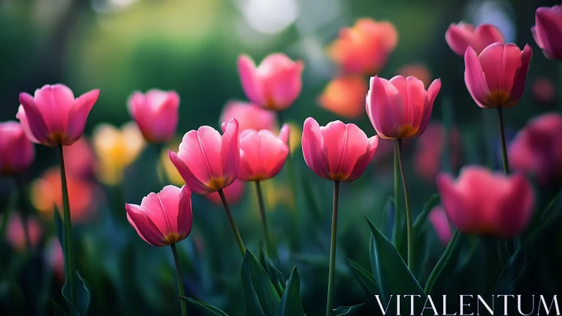 Pink Tulips in Soft Focus Field Display Luminous Depth of Field.
