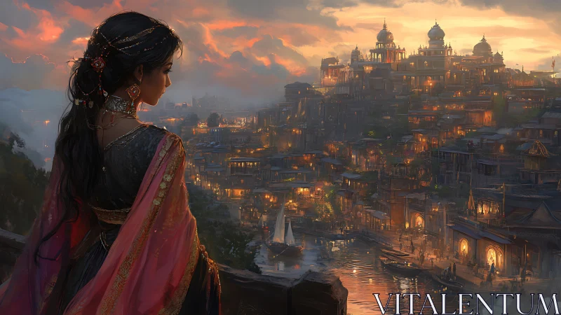 Twilight princess gazing over a glowing riverside cityscape.