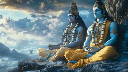 Divine blue figures meditating on mountain ledge above clouds.