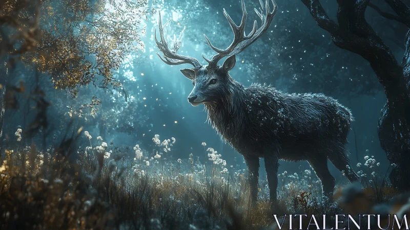 Mystic stag stands under cold blue moonlit forest haze.