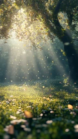 Sunlit forest clearing with drifting autumn leaves glow.
