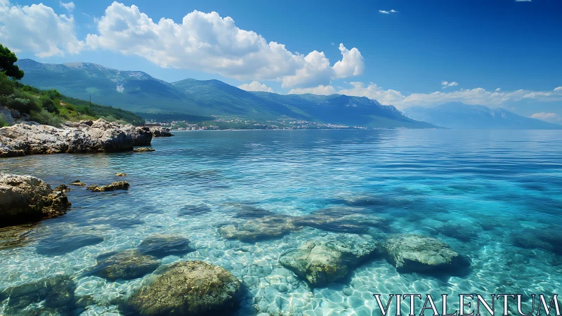 Glass-clear lagoon daydreams flirt with distant blue mountains