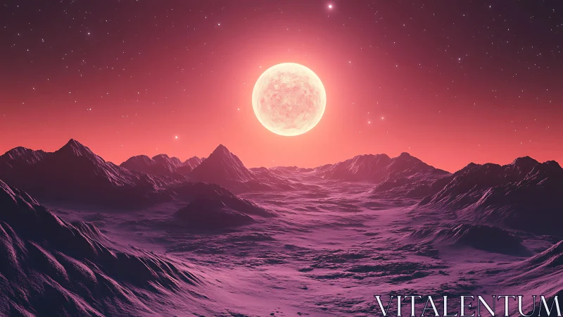 Pink alien moon rising over frozen mountain landscape at dusk