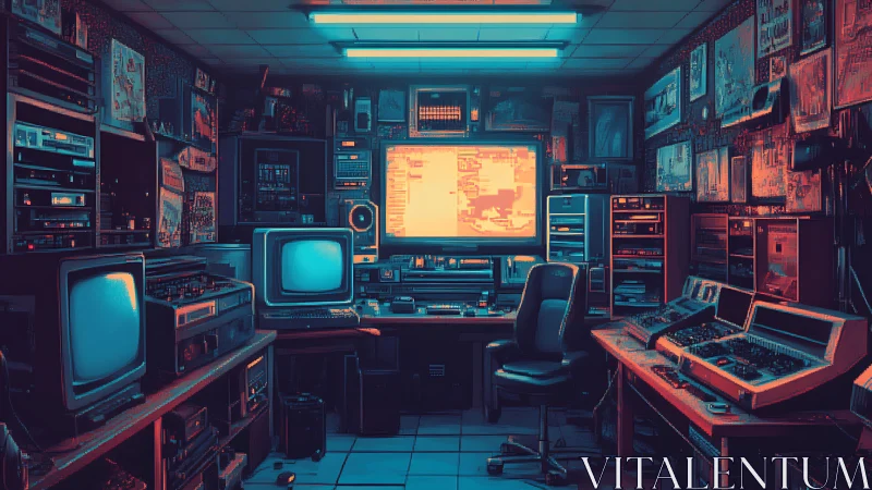Retro cyberpunk control room glows with vintage monitors