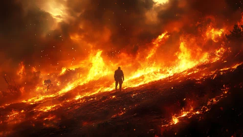 Solitary Figure Against Raging Wildfire.