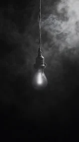 Single glowing light bulb hangs in misty dark atmosphere
