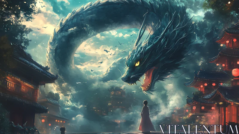 Stormlit dragon coils above lantern city, confronting silhouette.