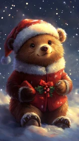 Small bear in red winter clothing sits in falling snow