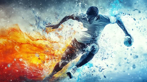 Rugby player running through explosive fire and water splash.