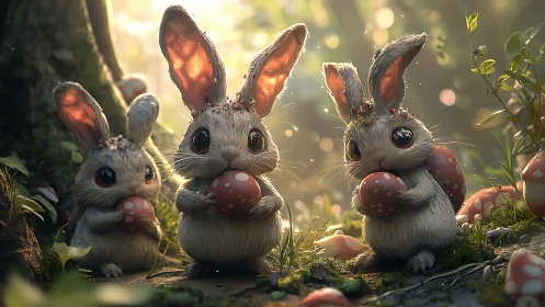 Three fantasy rabbits holding red mushrooms in forest.