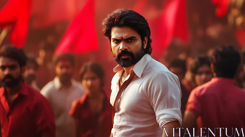 Defiant leader stands before charged red protest crowd.