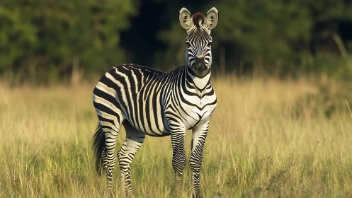Solitary zebra stands in golden savanna grassland at sunrise.