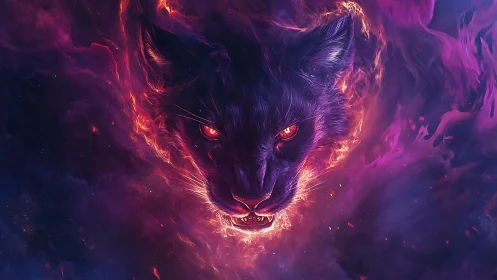 Demonic panther head emerges from luminous violet nebula