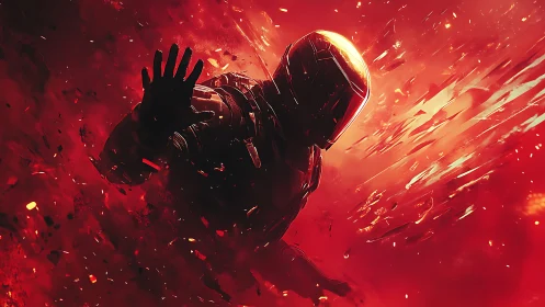 Armored Figure Silhouette Against Fiery Red Explosion.