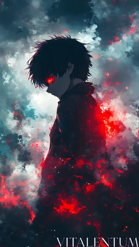 Storm-lit ember boy carves a silhouette from burning night