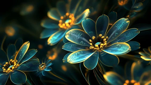 Luminous teal fractal flowers glow in an ethereal night garden.