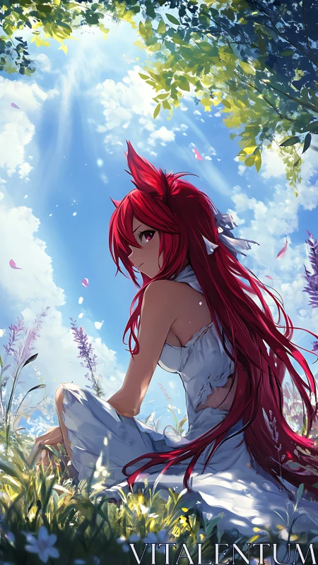 Red-haired foxgirl in volumetric spring meadow illumination.