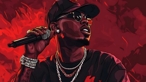 Vector-stylized hip-hop vocalist with mic against red abstract field