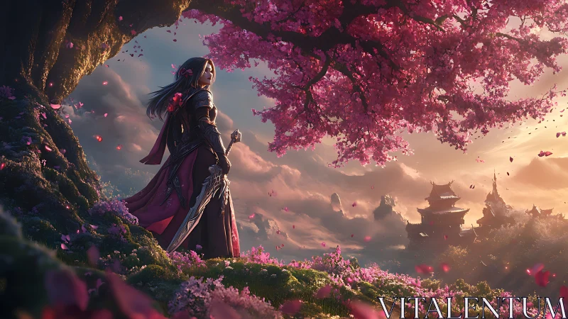Sword and blossoms beneath a dream-bright cherry sky.