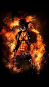 Fiery anime gunslinger strides forward wrapped in blazing flame